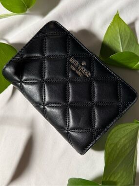 Kate Spade New York Quilted Black Wallet with Gold Logo Detail